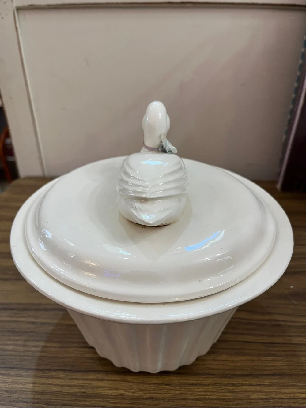 Vintage Hall Pottery Carbone white ceramic duck covered casserole dish.